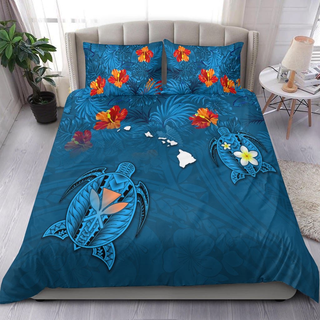 Hawaiian Islands Bedding Set - Hawaii Tropical Flowers and Turtles Blue LT13 - Wonder Print Shop