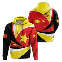 Tigray flag hoodie, Red with yellow hood, black sleeves, and front emblem design.