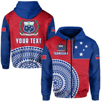 Tuamasaga Samoa zip hoodie, red/blue Polynesian print, 'YOUR TEXT' front