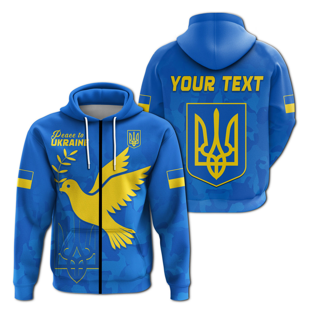 Blue hoodie back view: YOUR TEXT above large yellow trident shield graphic