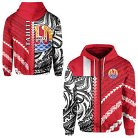 Red zip-up hoodie with Polynesian pattern, hood and kangaroo pocket
