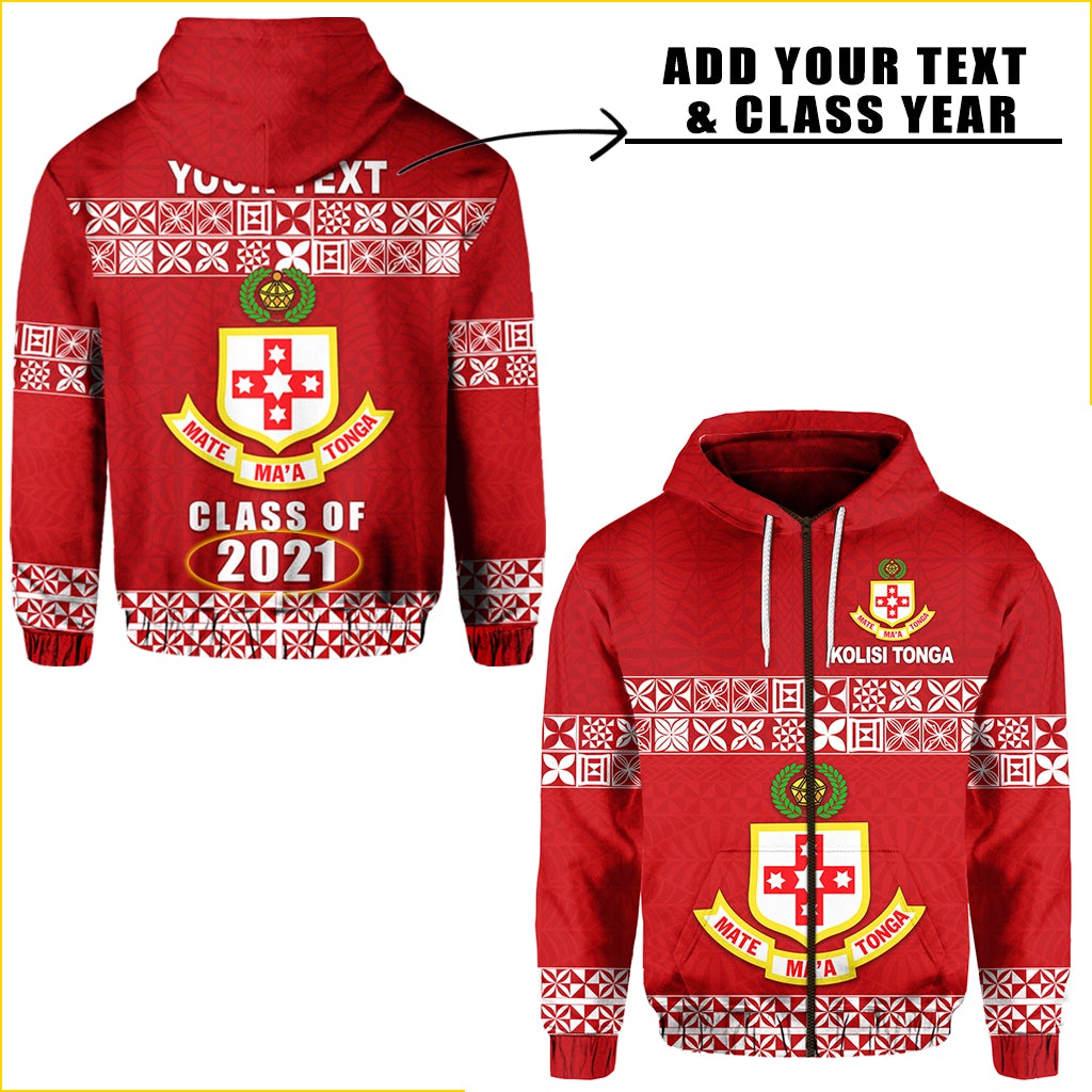 Red zip hoodie with front/back prints, KOLISI TONGA crest and Class of 2021
