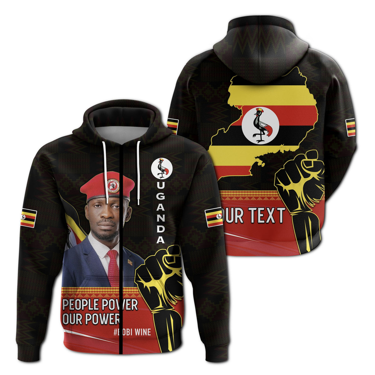 Black zip hoodie, front and back print: People Power, Uganda flag map, fist graphic