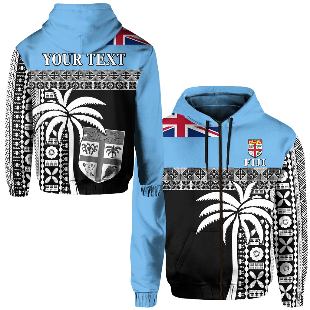 Blue zip hoodie with Fiji tapa pattern, palm trees print, hood and front zipper