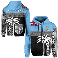 Blue zip hoodie with Fiji tapa pattern, palm trees print, hood and front zipper