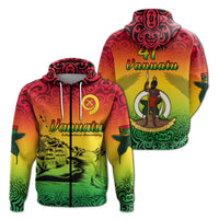 Multicolor Vanuatu zip hoodie with “Vanuatu” and “Independence Anniversary” on front
