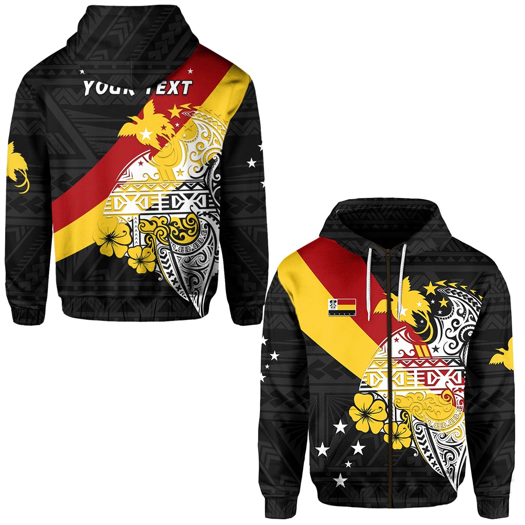 Black zip hoodie with colorful Papua New Guinea-inspired graphic on the front.