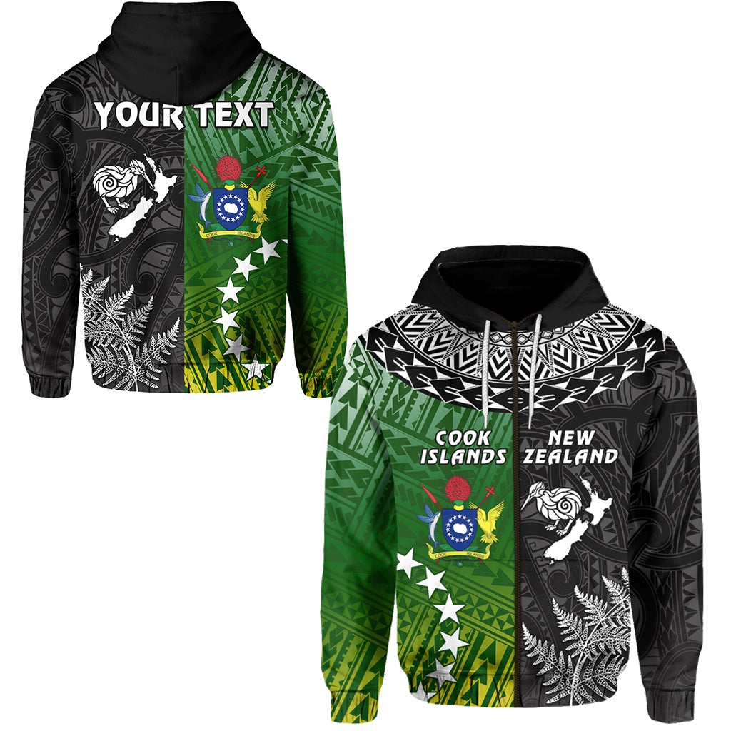Zip hoodie, black with green Maori pattern and zip-front; kiwi and islands graphic