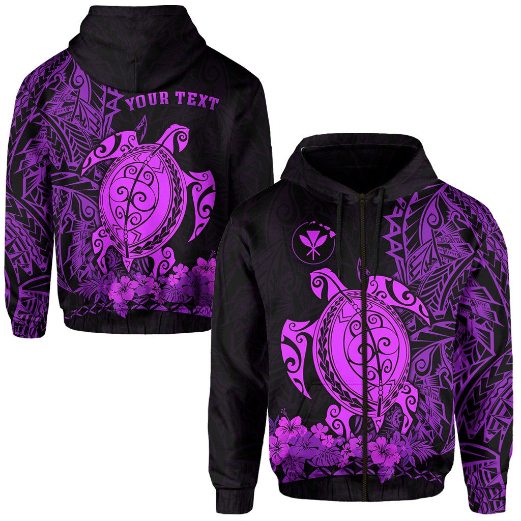 Purple zip hoodie with Polynesian turtle, floral motifs, and abstract tribal patterns