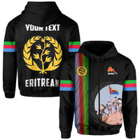 Black hoodie with YOUR TEXT on back and multicolor Eritrea flag sleeve stripes.