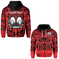 Red zip hoodie with black hood, tribal face graphic and 'YOUR TEXT' on chest