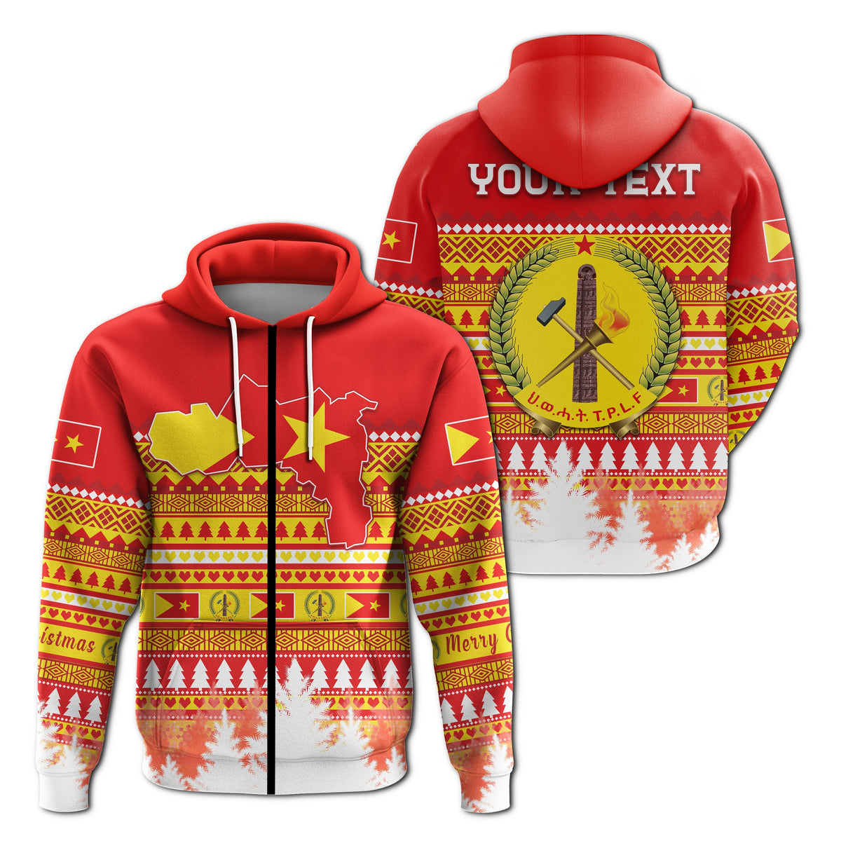 Red zip hoodie back view with laurel crest, patterned bands, trees, and placeholder text