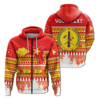 Red zip hoodie back view with laurel crest, patterned bands, trees, and placeholder text