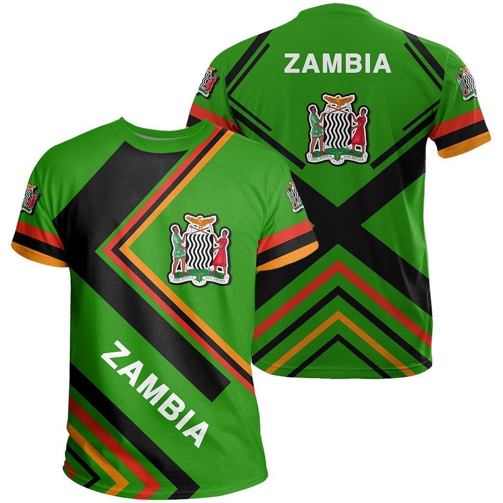 Zambia flag graphic green sports T-shirt with crest, black chevrons and red-yellow stripes