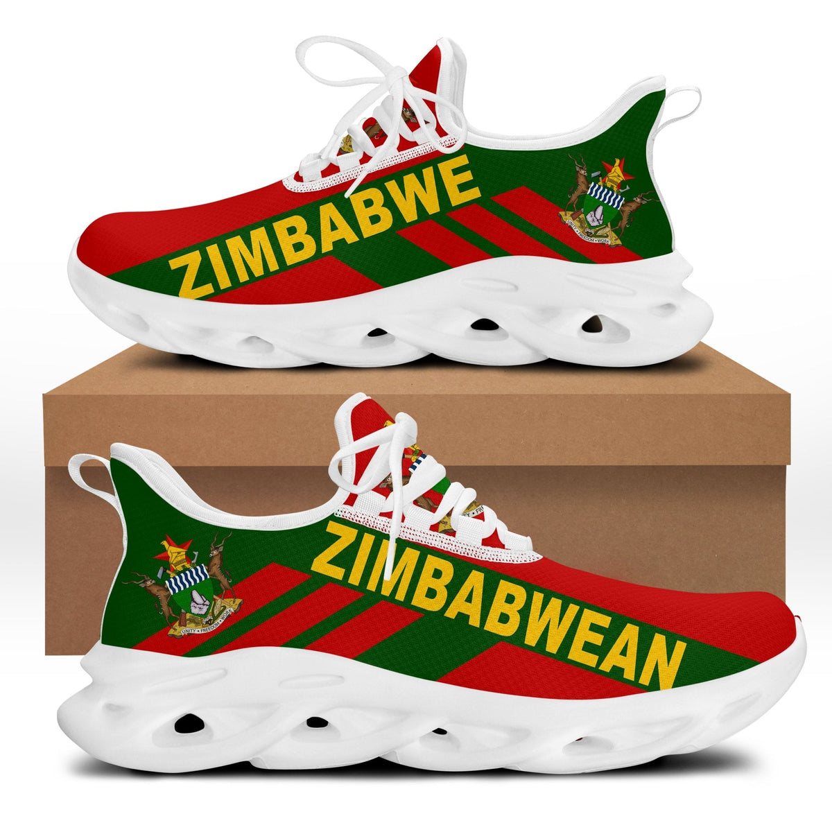 Clunky low-top sneakers with Zimbabwe stripe print, white laces, white sole