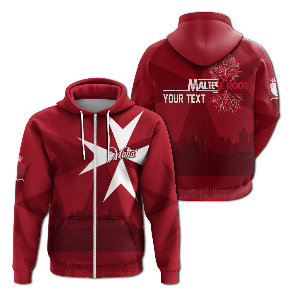 Red zip hoodie with Malta cross star panel and 'Your Text' on chest