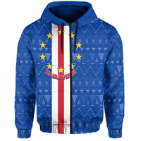 Blue hoodie front with Cape Verde flag vertical stripe and star accents