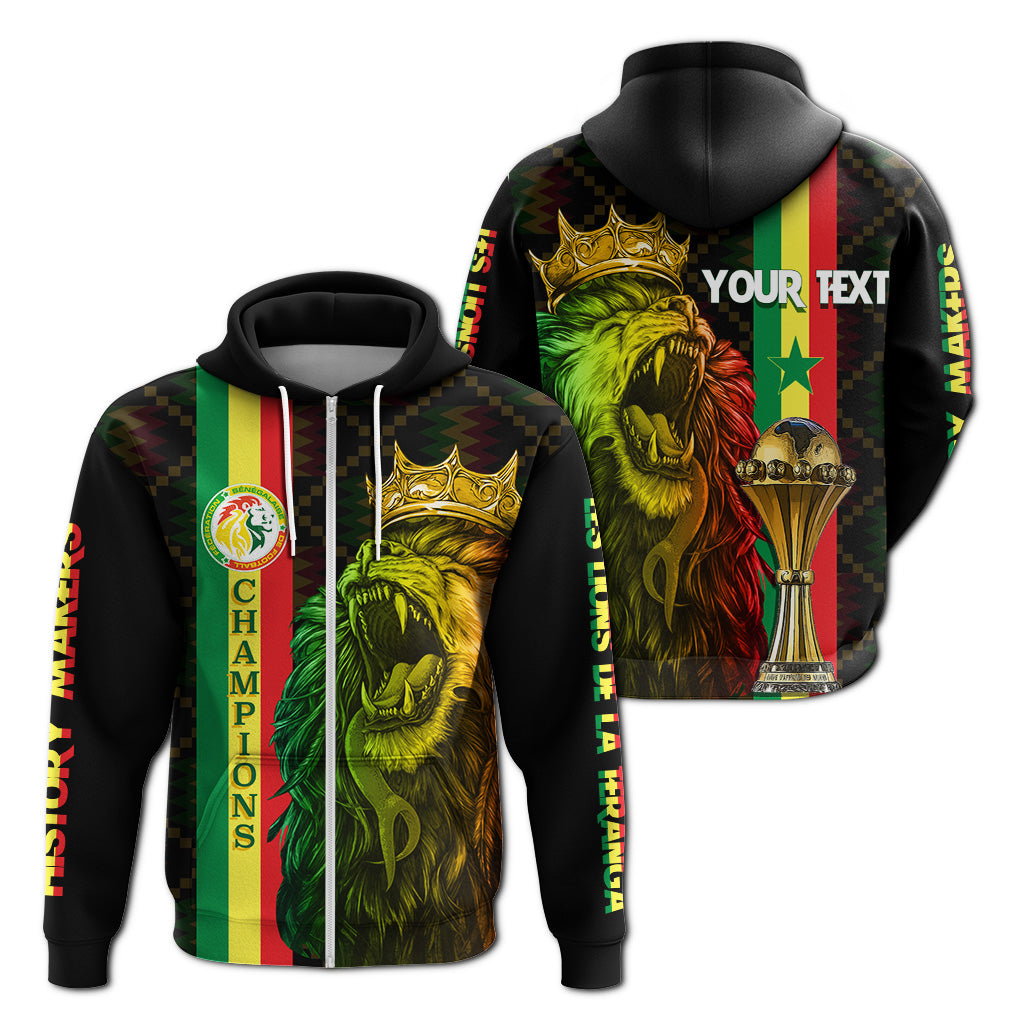 Black pullover hoodie back: lion with crown, 'YOUR TEXT', trophy, Senegal flag colors