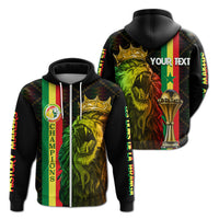 Black pullover hoodie back: lion with crown, 'YOUR TEXT', trophy, Senegal flag colors