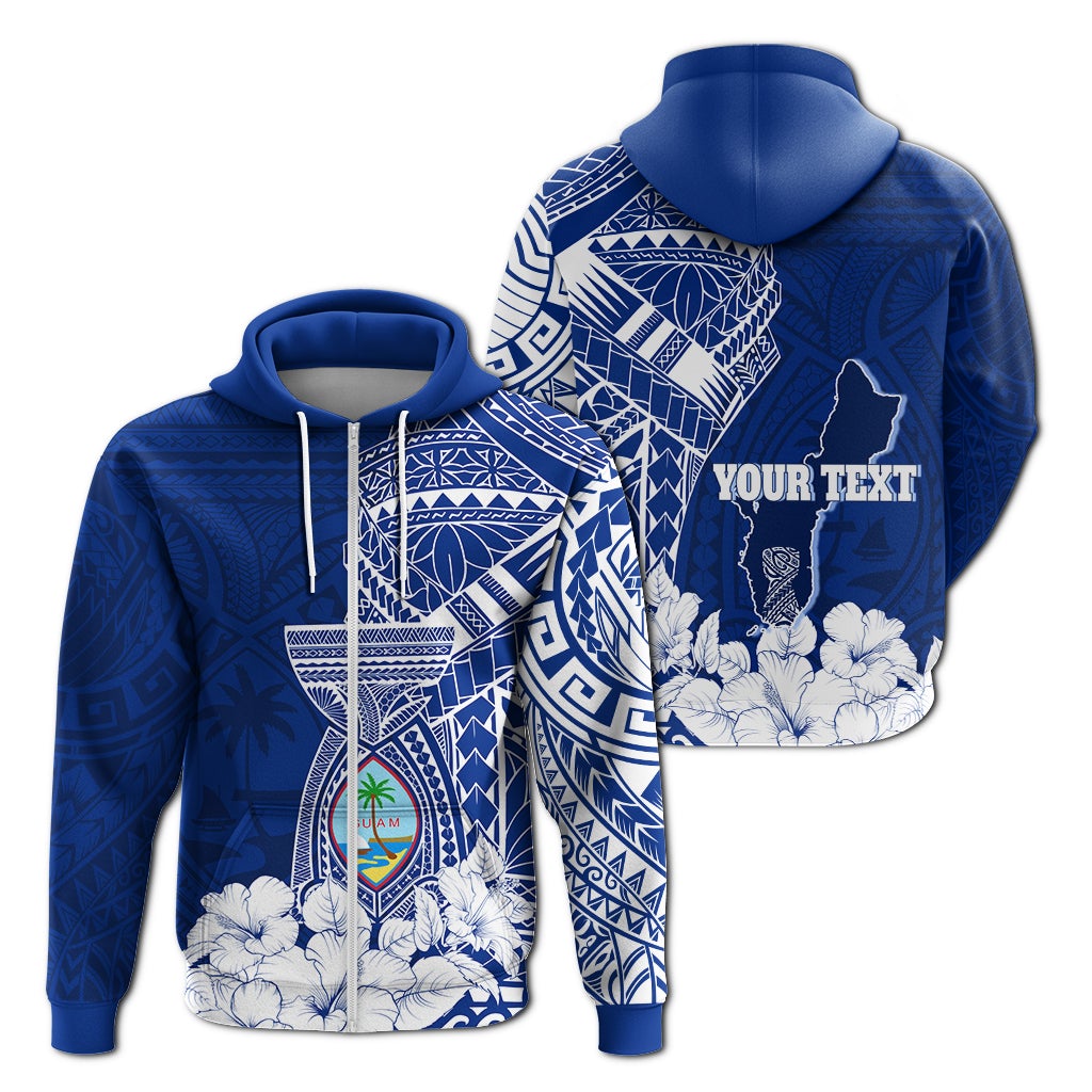 Blue zip-up hoodie with tribal Guam print and hibiscus flowers, custom text