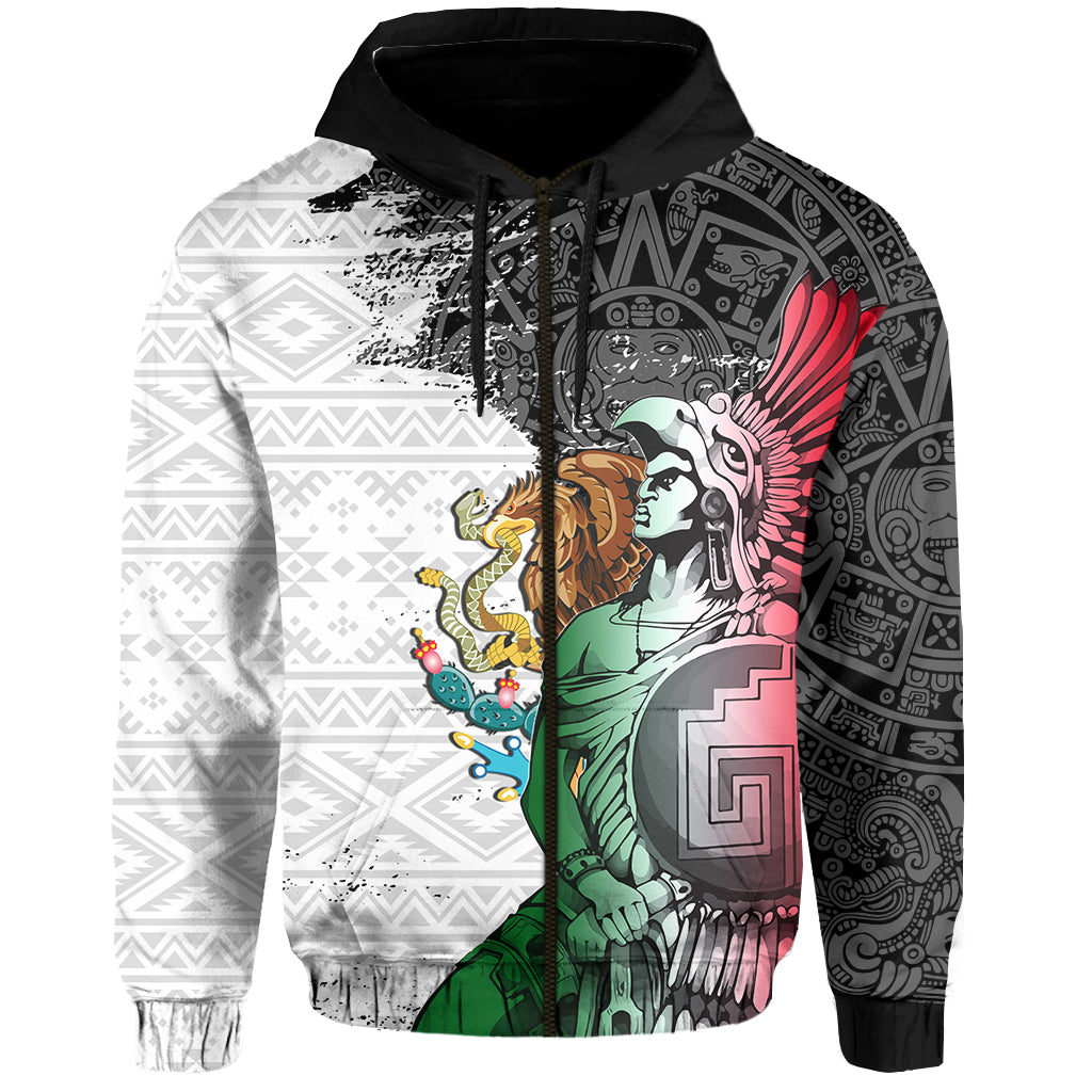 Multicolor zip-up Aztec tribal warrior hoodie with eagle graphic, black hood.