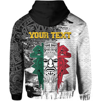 Multicolor pullover hoodie with Aztec warrior face and feathered headdress, black hood.