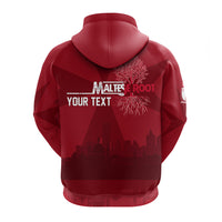Red hoodie back with 'Malta's Root' and 'YOUR TEXT' tree-root print