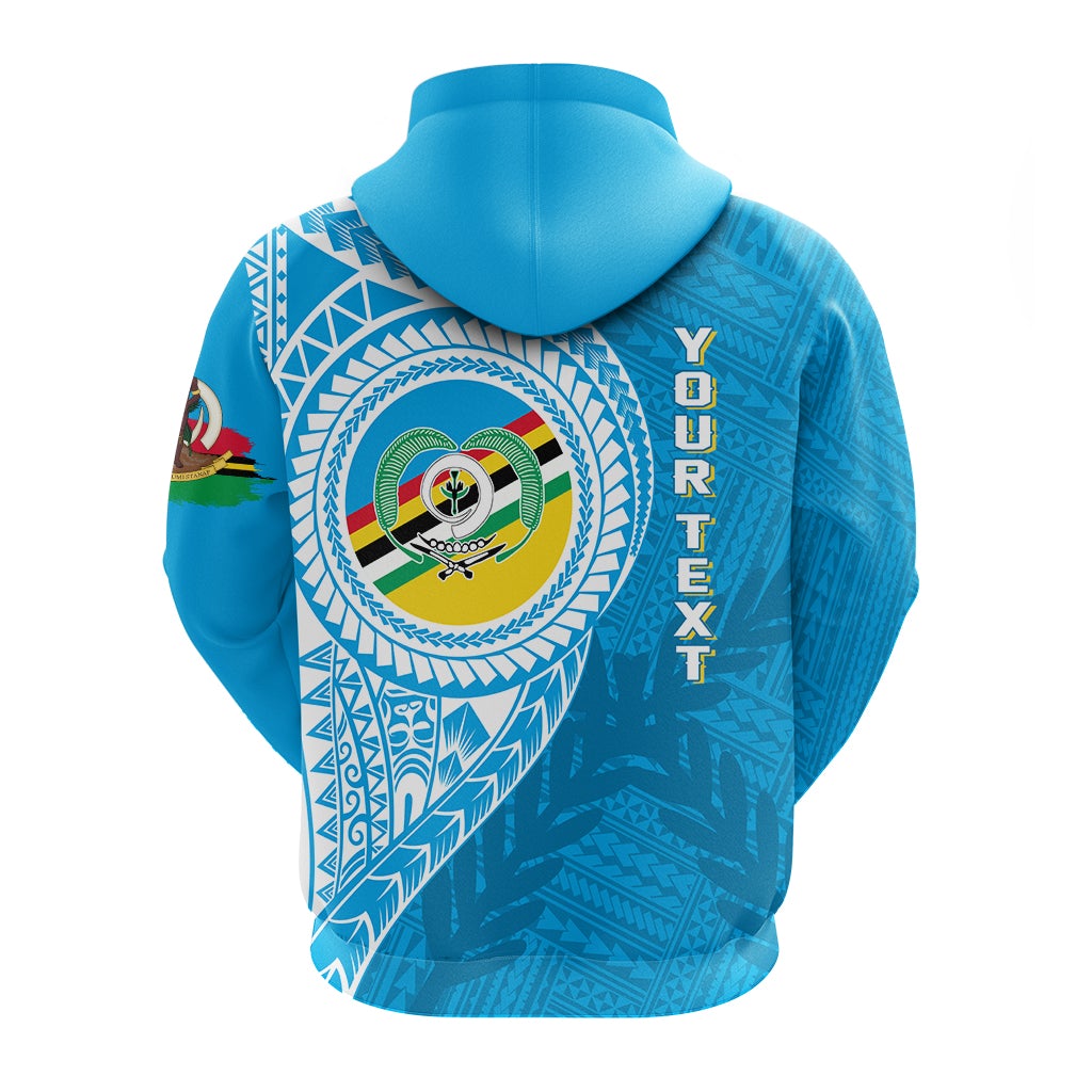 Blue hoodie back with Torba emblem and vertical YOURTEXT graphic