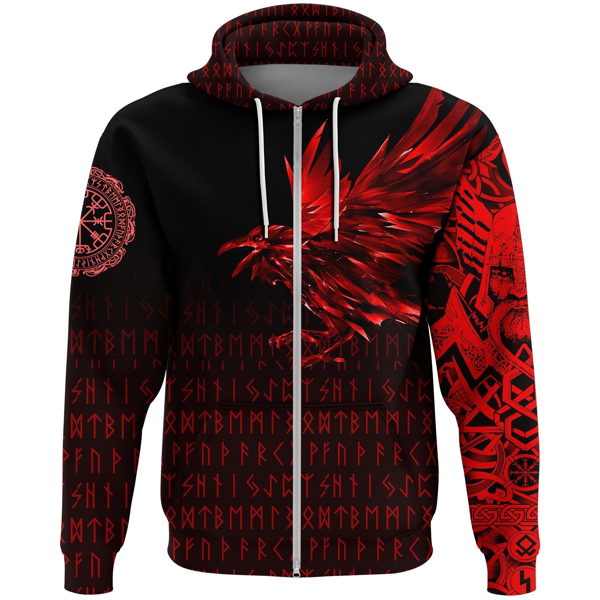 Viking Zip Hoodie - The Raven Of Odin Rune, Red RLT12 - Wonder Print Shop