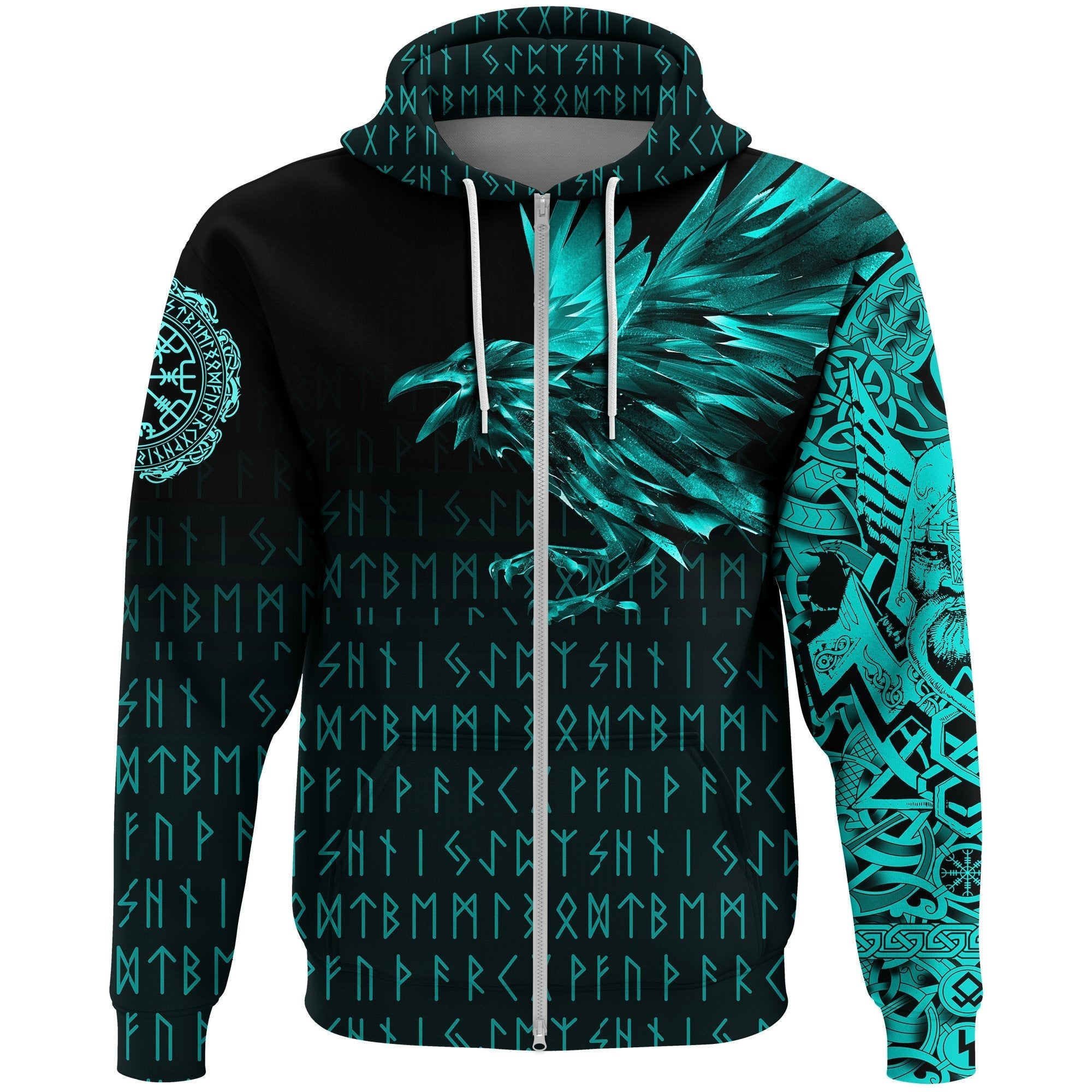 Viking Zip Hoodie - The Raven Of Odin Rune Cyan RLT12 - Wonder Print Shop