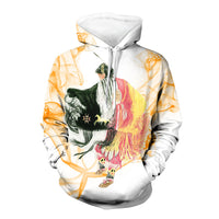 All-over pow wow dancer graphic pullover hoodie on white; hood drawstring and front pouch
