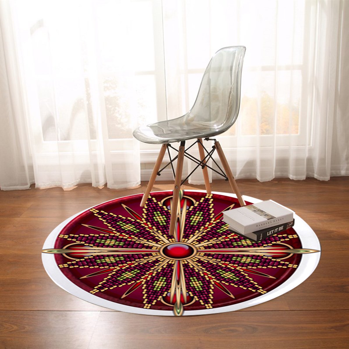 Red round carpet with central red medallion, long petal rays, multicolor beadwork, white edge