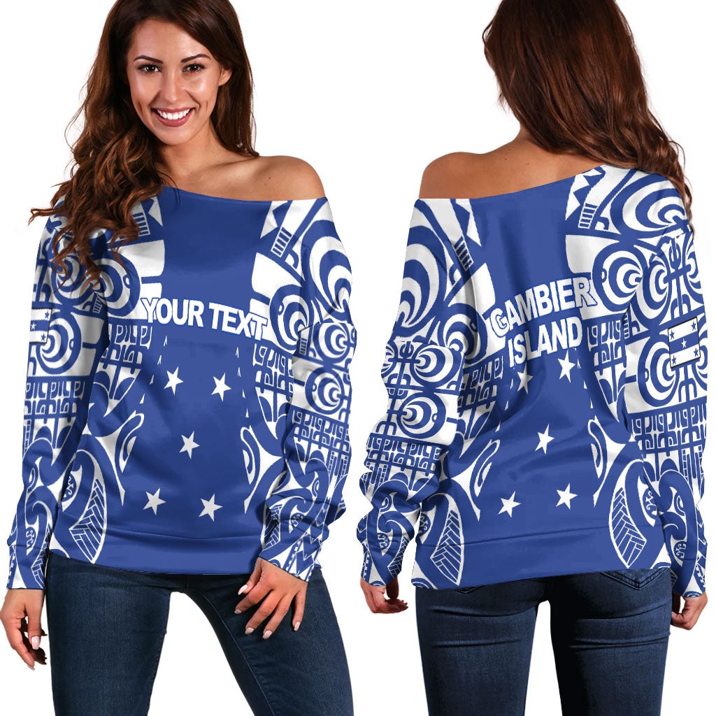 Off-shoulder sweater for women in blue with white tribal tattoo print and stars