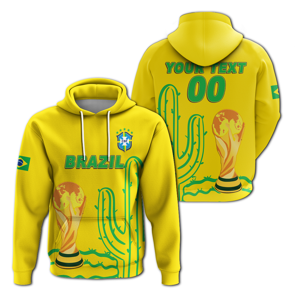 Yellow Brazil pullover hoodie set with front and back graphic prints, hood and drawstrings