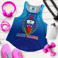 Blue women’s tank top with square neckline and Manu Samoa crest graphic