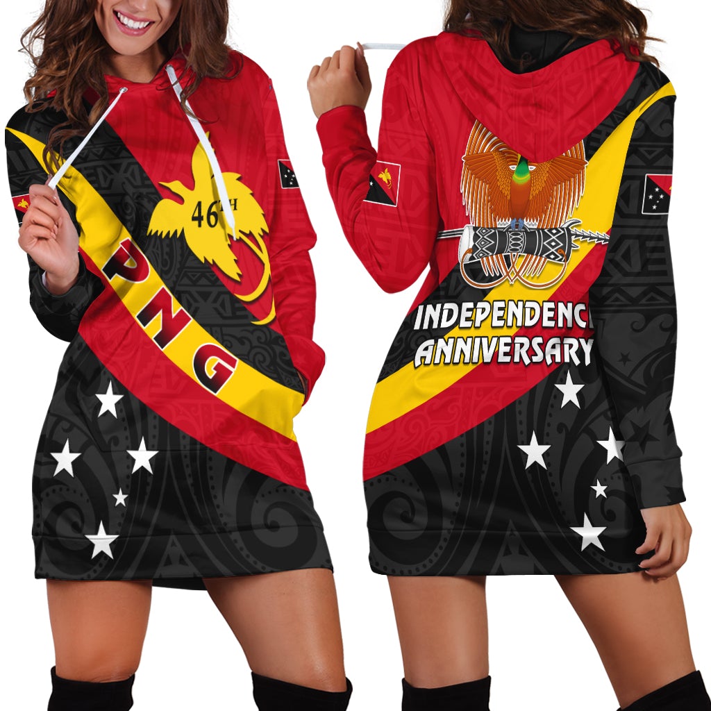 Red hoodie dress with kangaroo flag print, black/yellow diagonal stripe and stars