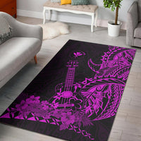 Purple Hawaiian ukulele area rug with floral and tiki pattern graphics on dark base