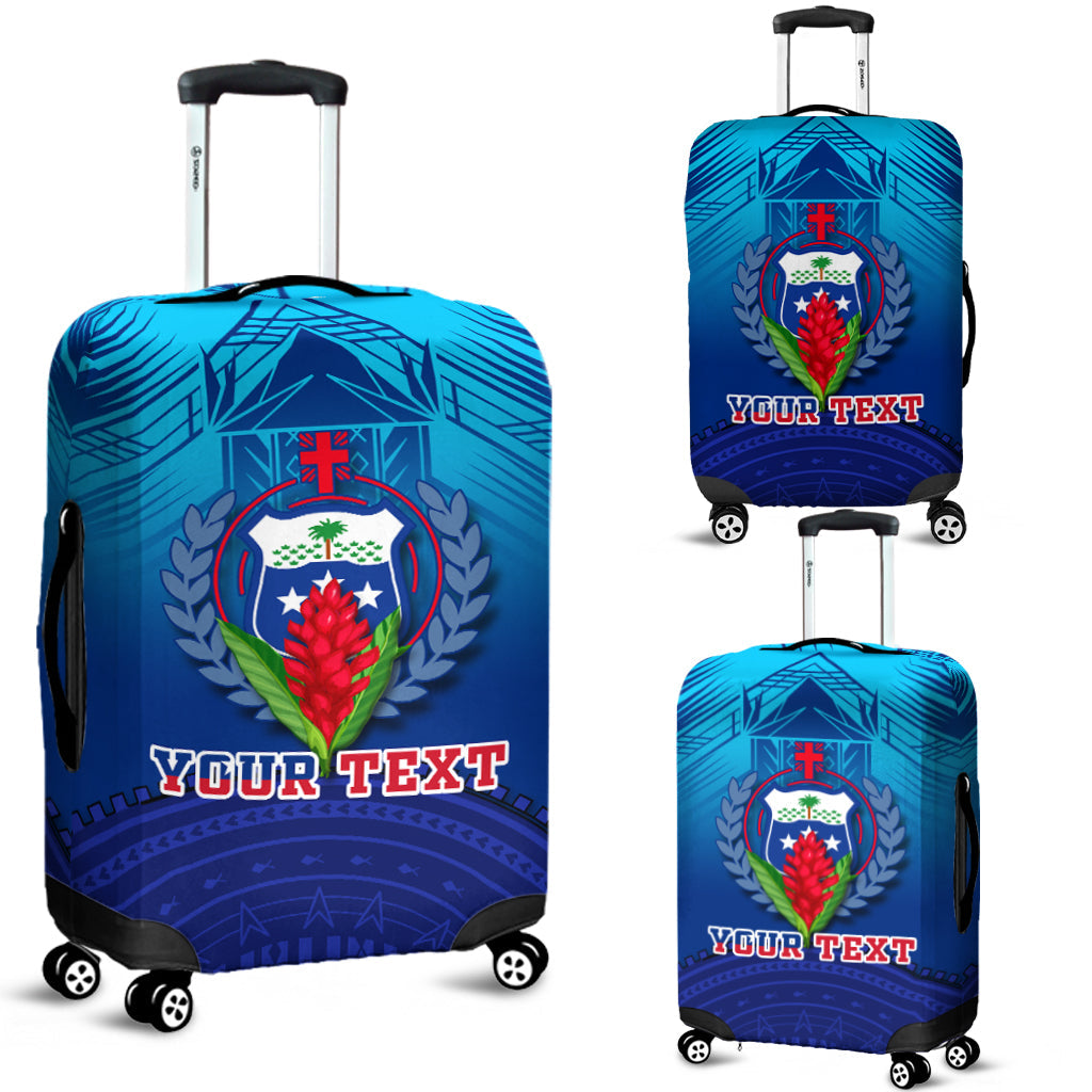 Blue luggage cover with crest graphic and 'YOUR TEXT' on rolling suitcase