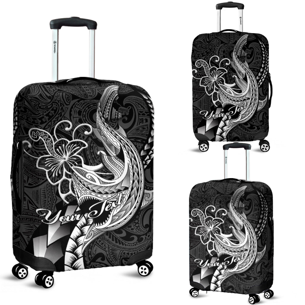 Black luggage cover with white shark and floral tribal tattoo design