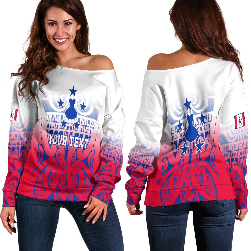 Women’s off-shoulder sweater, long sleeves, white with red/blue tribal tattoo print