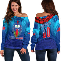 Women off-shoulder sweater in blue with Manu Samoa crest graphic and laurel