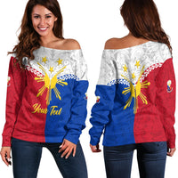 Off-shoulder women sweater with Philippines flag print, multicolor 'Your Text' front