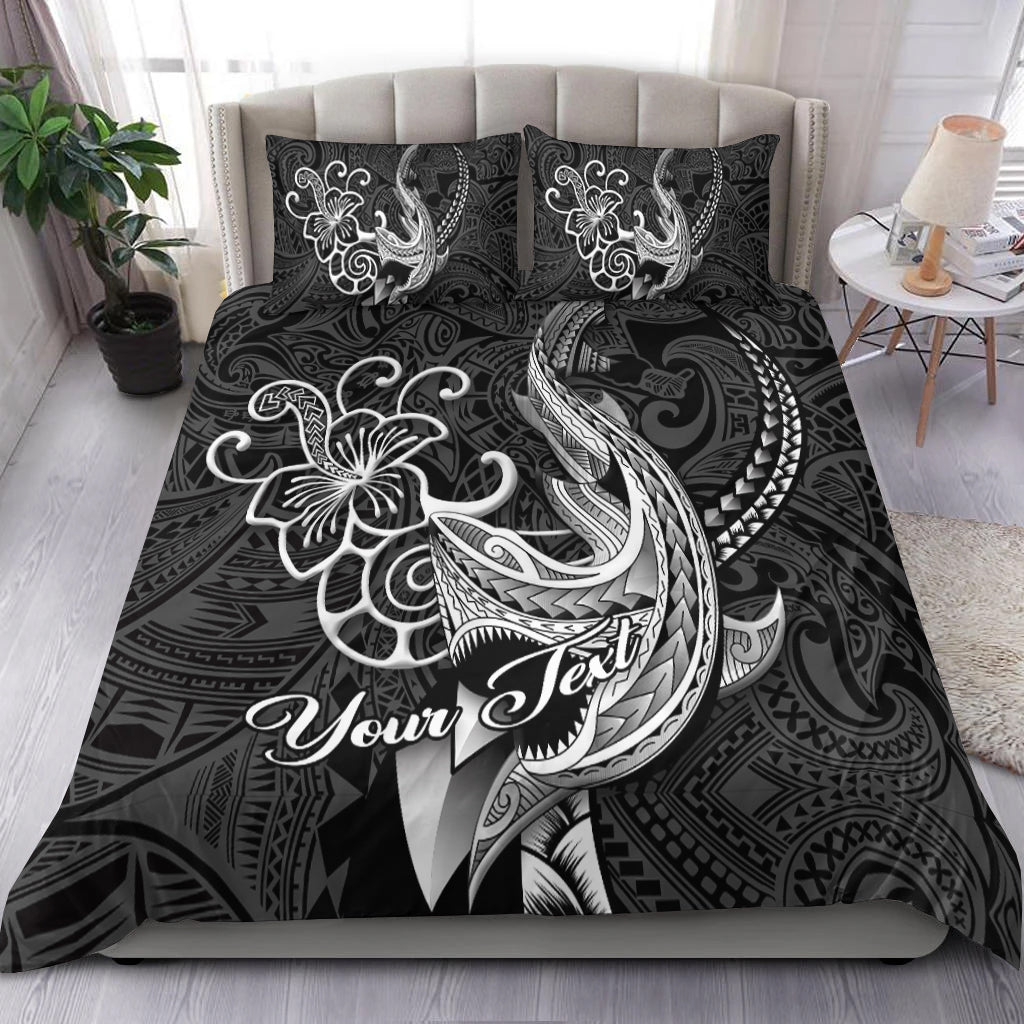 Black Polynesian shark tattoo bedding set with floral motifs and 'Your Text' graphic