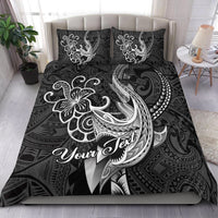 Black Polynesian shark tattoo bedding set with floral motifs and 'Your Text' graphic