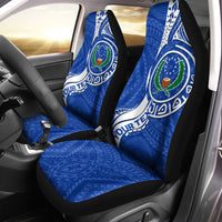 Pohnpei car seat covers, blue with Micronesia pride emblem and patterned inserts