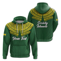 Green pullover hoodie set: front 'Your Text' and back 'Society Islands' print