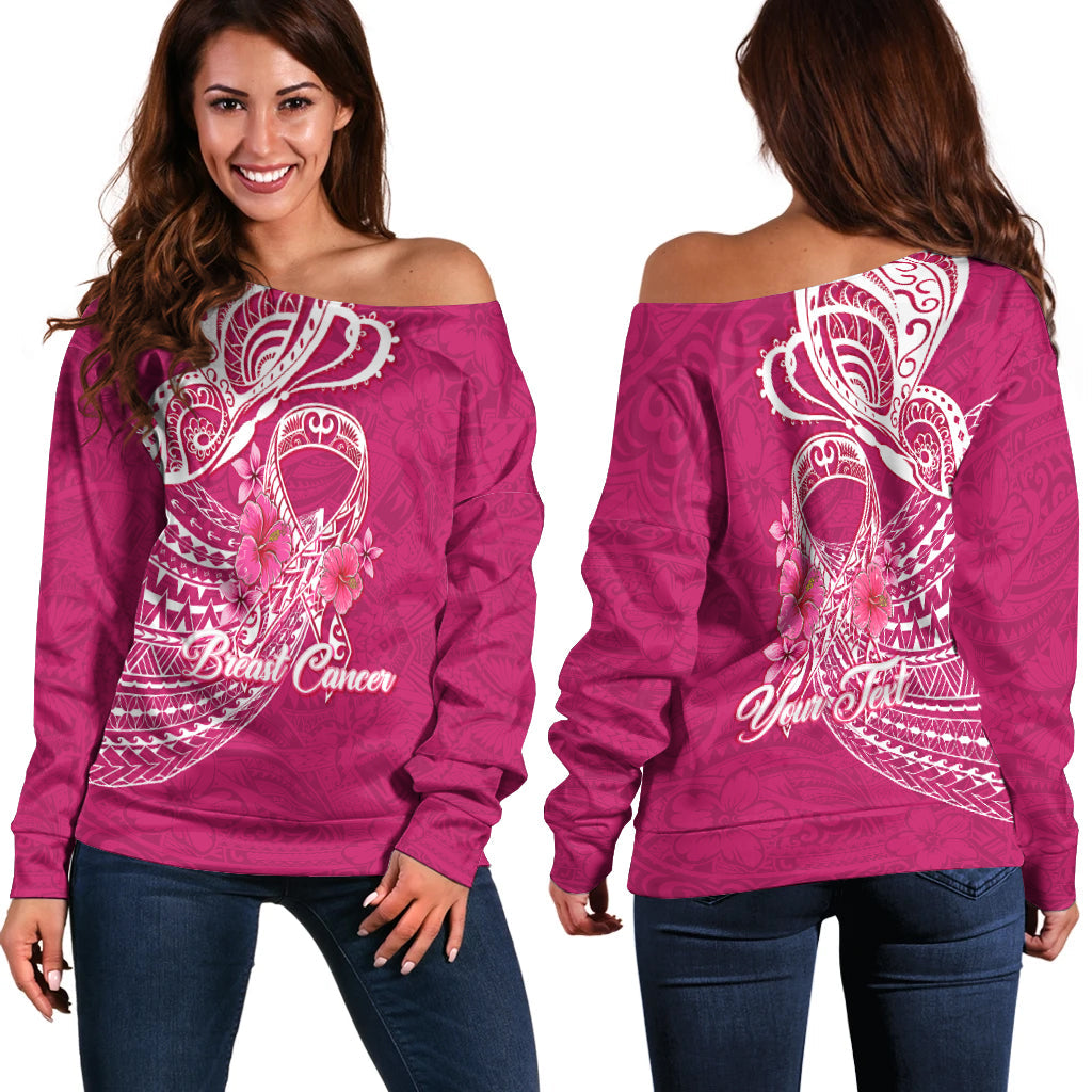 Pink off-shoulder sweater with white butterfly ribbon and flower graphic, Breast Cancer text