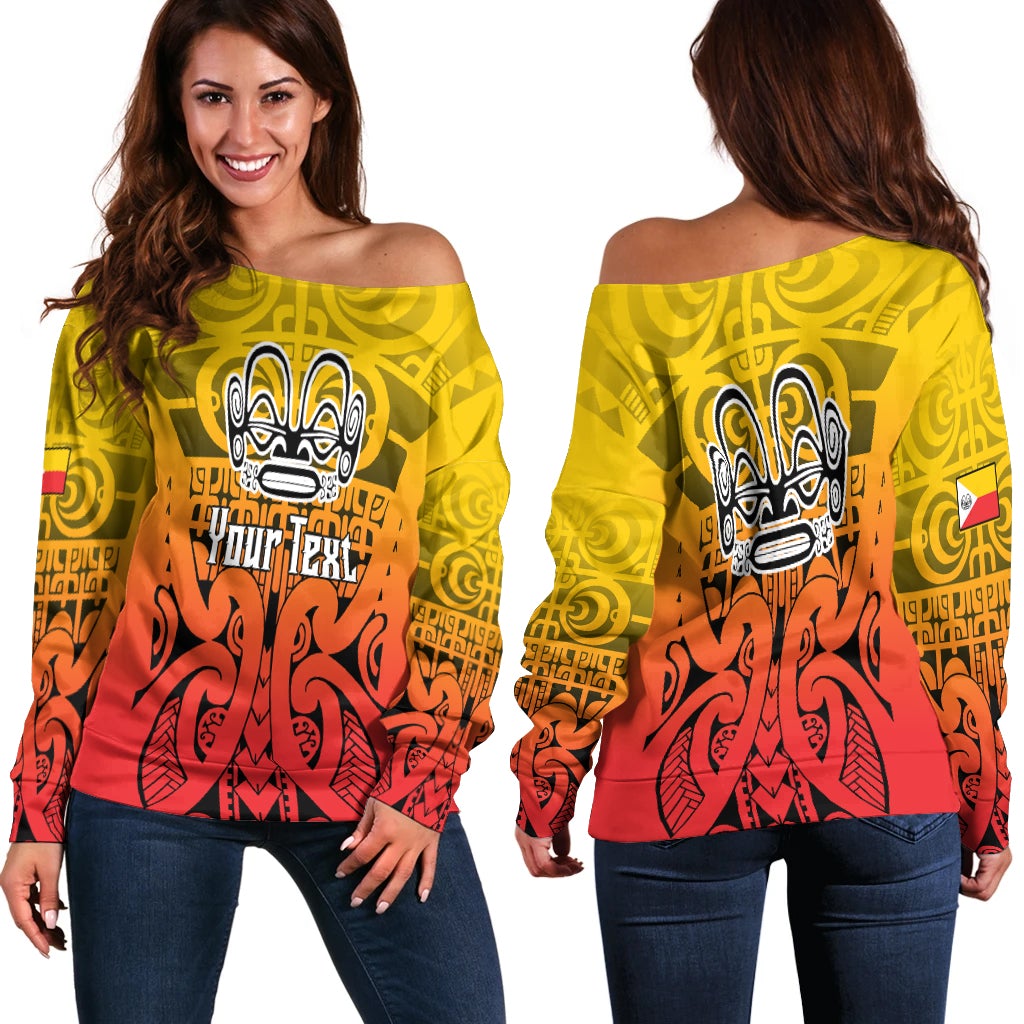 Women off-shoulder sweater: multicolor Polynesian tattoo print, yellow and red