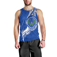 Blue sleeveless tank top front with circular Micronesia pride crest print and pattern
