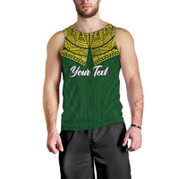 Green men's tank with yellow patterned yoke and 'Your Text' script